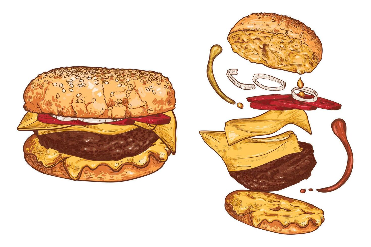 hand drawn cheese burger. Ingredients are grouped separate and are tomatoes, onions, cheese sauce, meat, crispy bub. Flying ingredients on white background vector