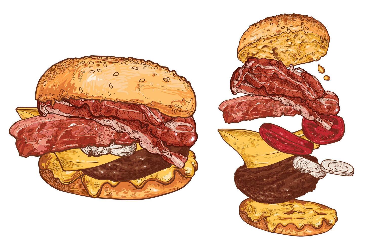 Bacon burger with minced meat, onion, mayo, ketchup, cheese, bacon and bread buns. Line art hand drawn monochrome burger. vector
