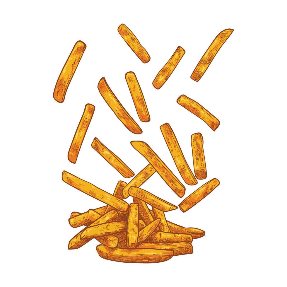 Hand drawn side view french fries. Tasty yellow orange crispy fries with outline, fill, details in separate groups. This asset is ready to use and easy to edit. vector