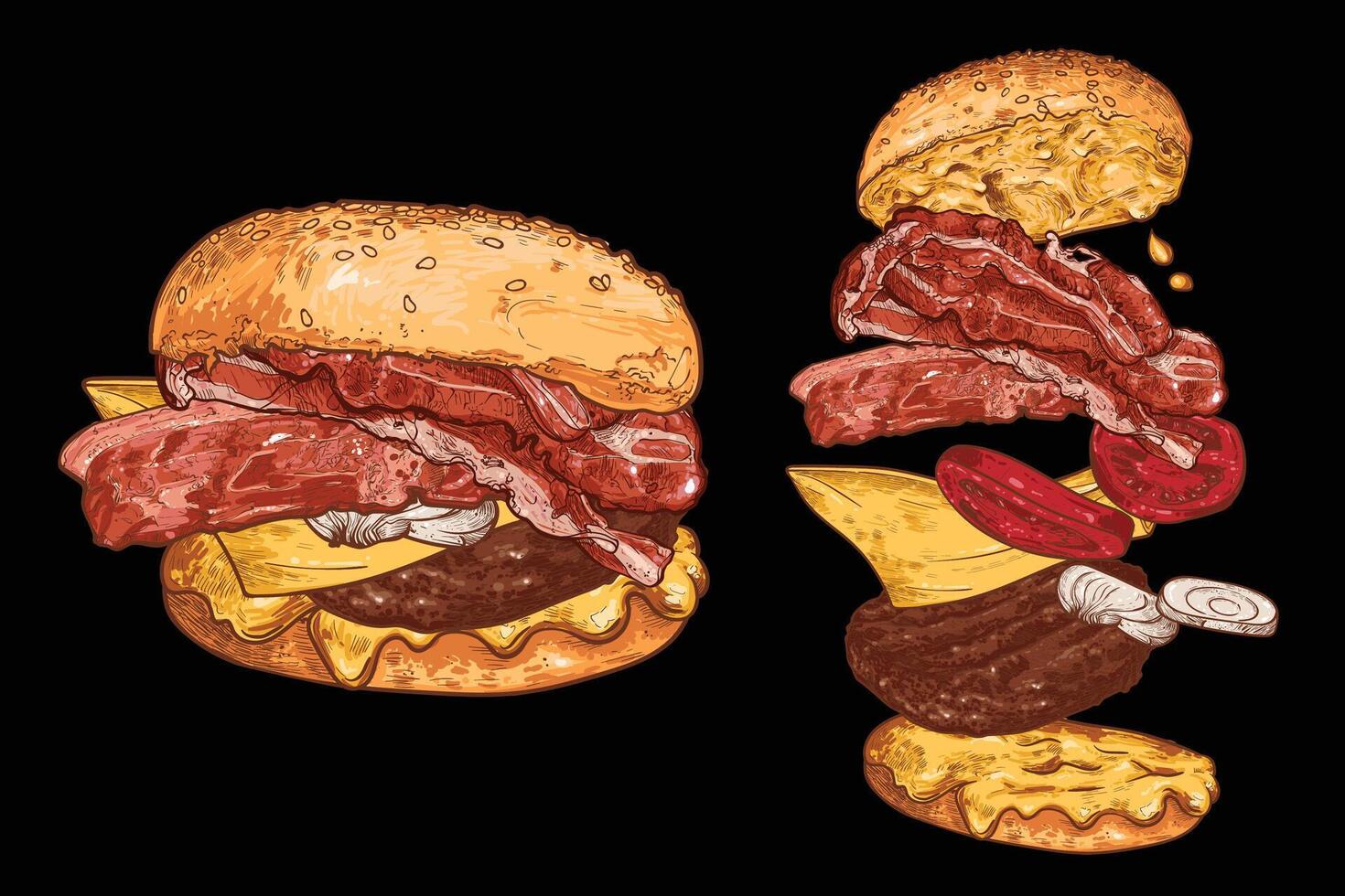 Bacon burger with minced meat, onion, mayo, ketchup, cheese, bacon and bread buns. Line art hand drawn and colored. Ingredients are grouped separately. Flying ingredients in black background. vector
