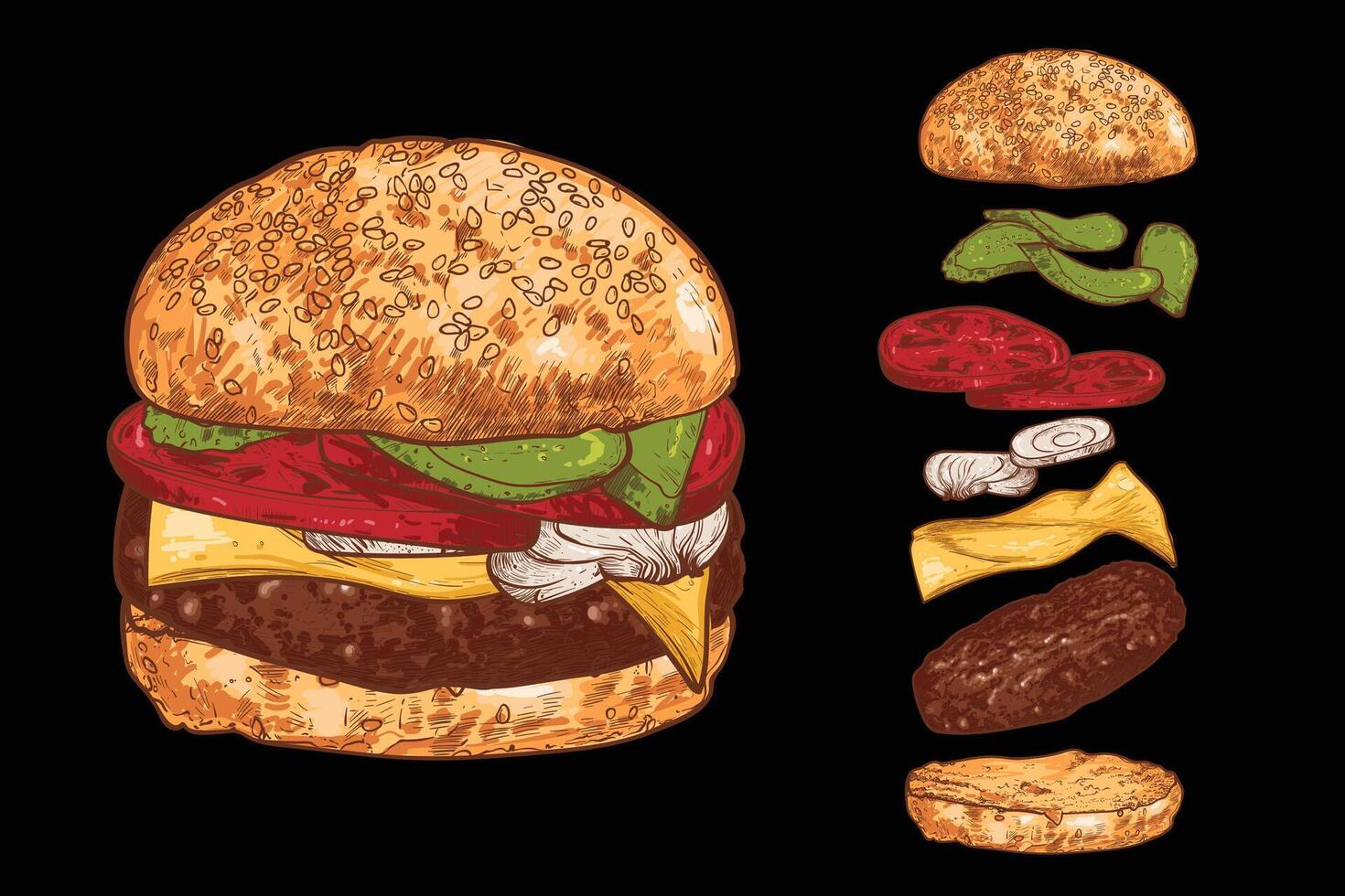 yummy burger line art hand drawn and colored with pickles, tomatoes, cheese, onions, mayo, ketchup, bread bun and meat. Ingredients are grouped separate. Flying separate ingredients. vector