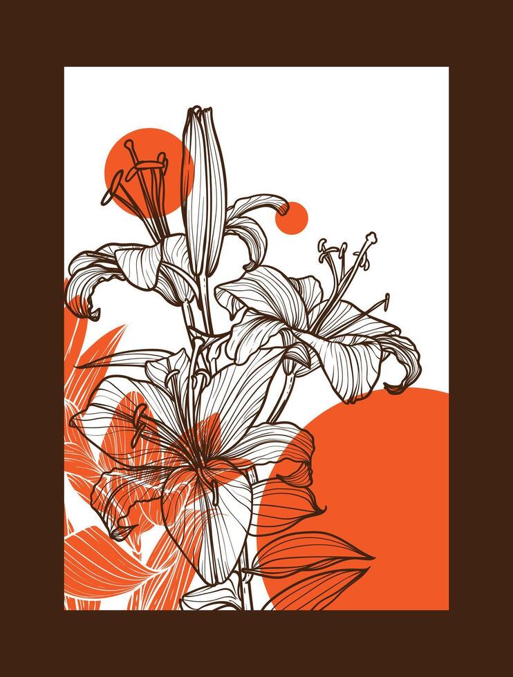 A4 poster with orange Tiger Lily flower. line art of a summer flower. Lily outlines with orange bubbles over a white background. vector