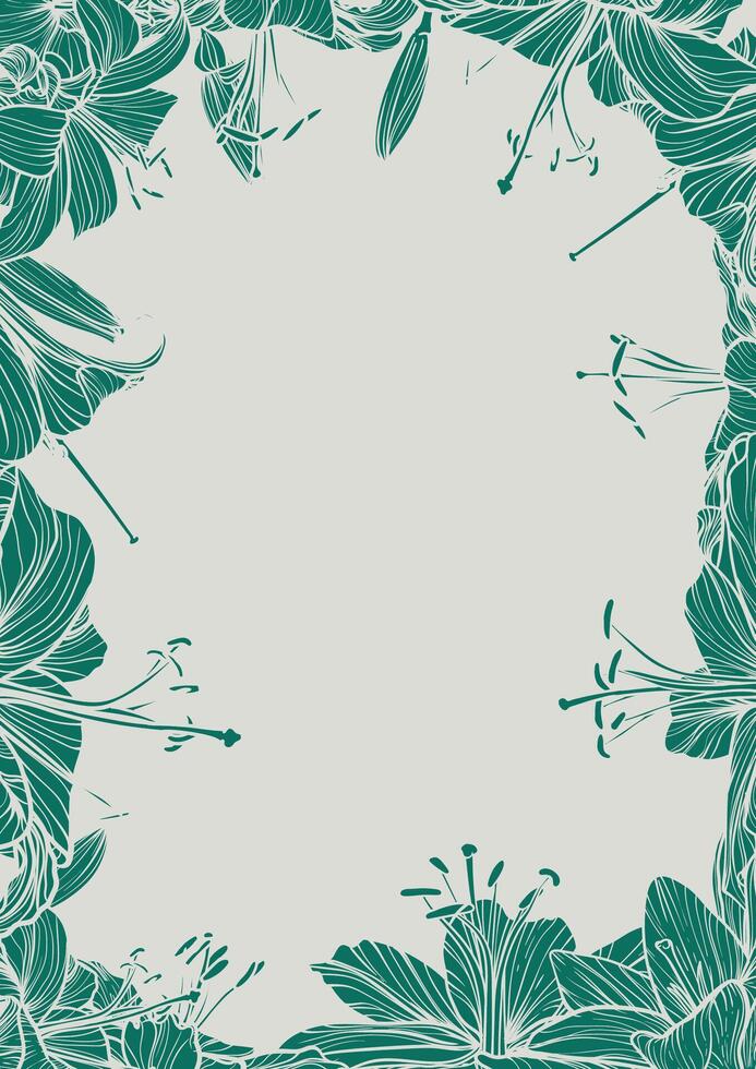 Green Tiger Lilly illustration line art A4 format. design with summer flowers as a frame and text in the middle. Outlines and fills are in separate groups. vector