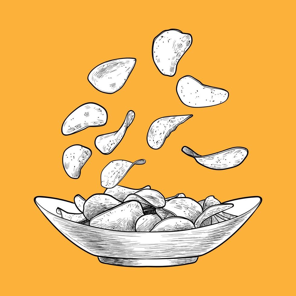 Hand drawn side view chips in a bowl. Crisps with black outline, white fill in separate groups on orange background. This asset is ready to use and easy to edit. vector