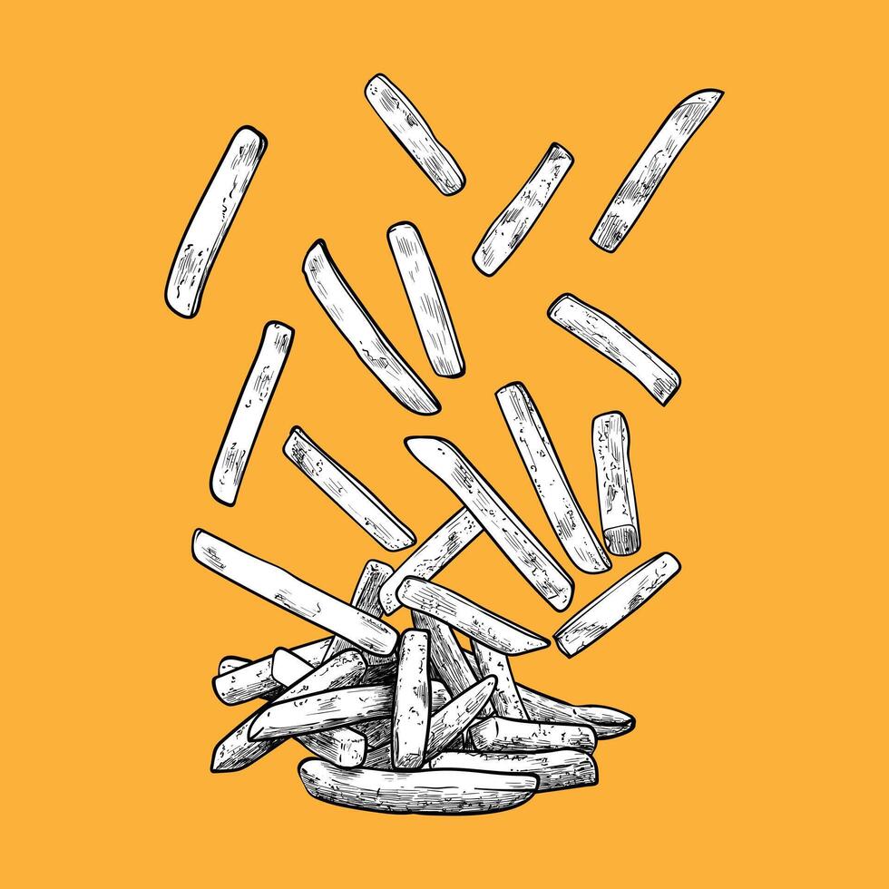Hand drawn side view french fries. Tasty crispy fries with black outline, white fill in separate groups on orange background. This asset is ready to use and easy to edit. vector