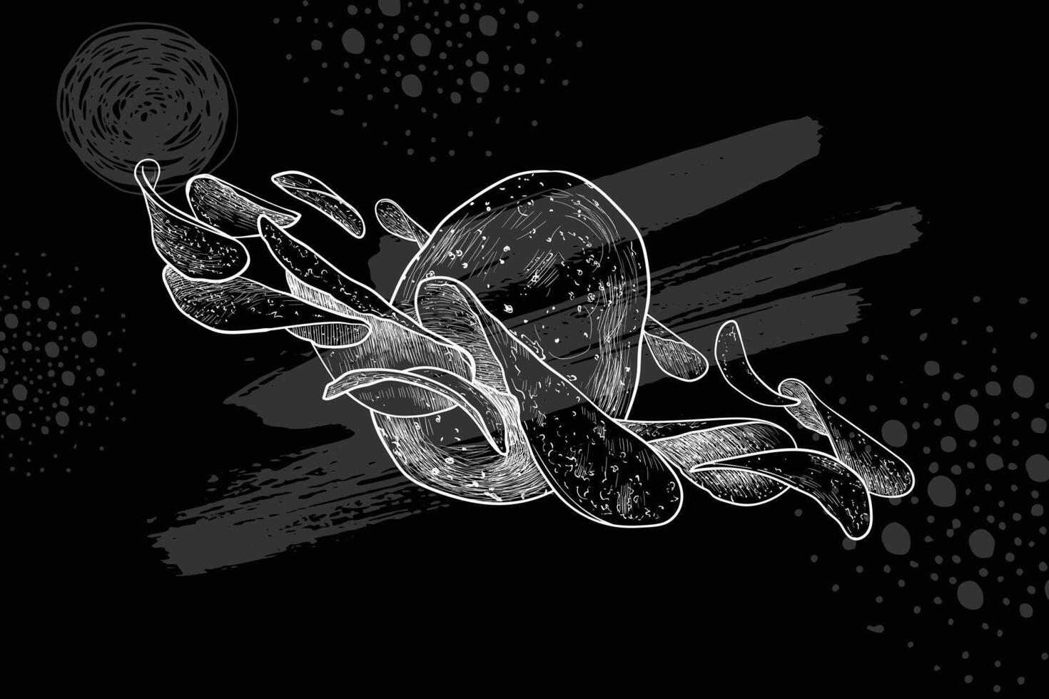 Potato chips galaxy illustration. hand drawn potato with chips floating around it like a planet. White line art on black background. vector