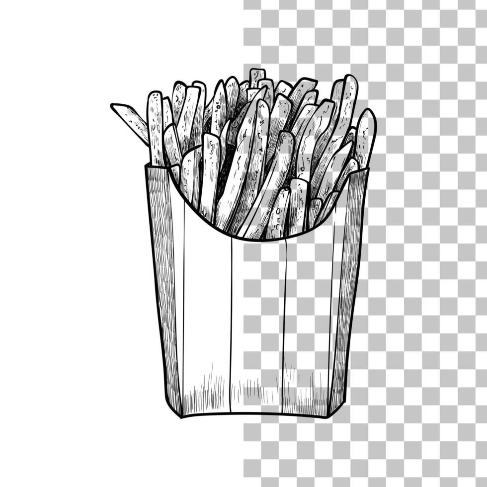 Hand drawn side view french fries. Crispy fries in a striped box with black outline, no fill, and fine details. This asset is ready to use and easy to edit. vector