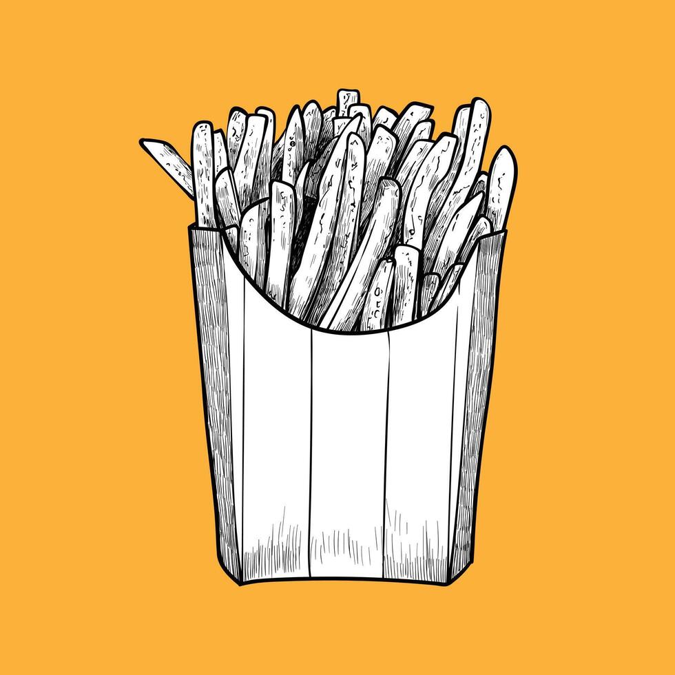 Hand drawn side view french fries. Crispy fries in a striped box with black outline, white fill in separate groups on orange background. This asset is ready to use and easy to edit. vector