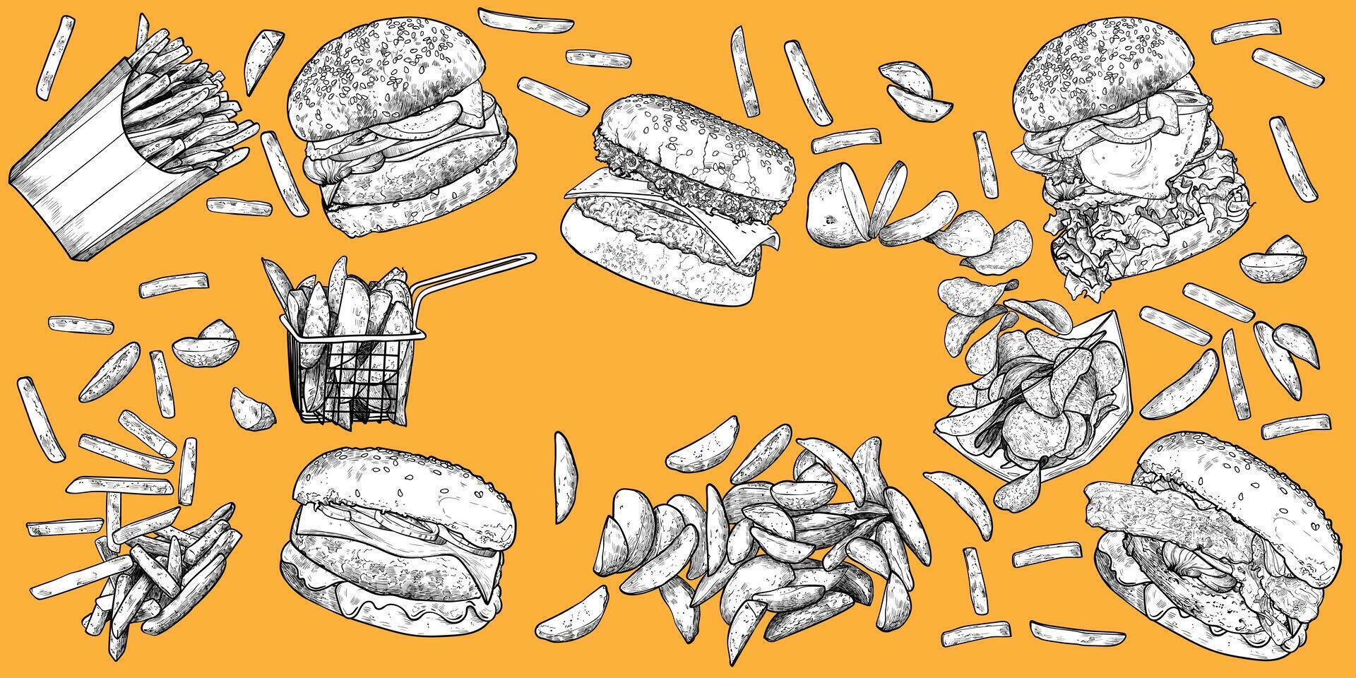 Burgers, fries and wedges with lettuce, meat, bread bun, cheese, egg, bacon banner design, Hand drawn food on yellow background. Easy to edit and use in your design. vector