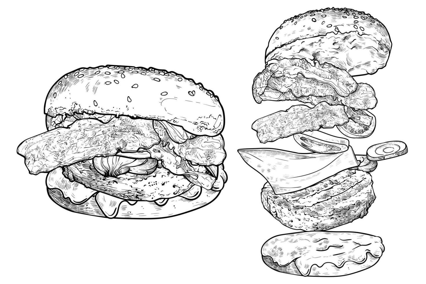 Bacon burger with minced meat, onion, mayo, ketchup, cheese, bacon and bread buns. Line art hand drawn black and white burger. vector
