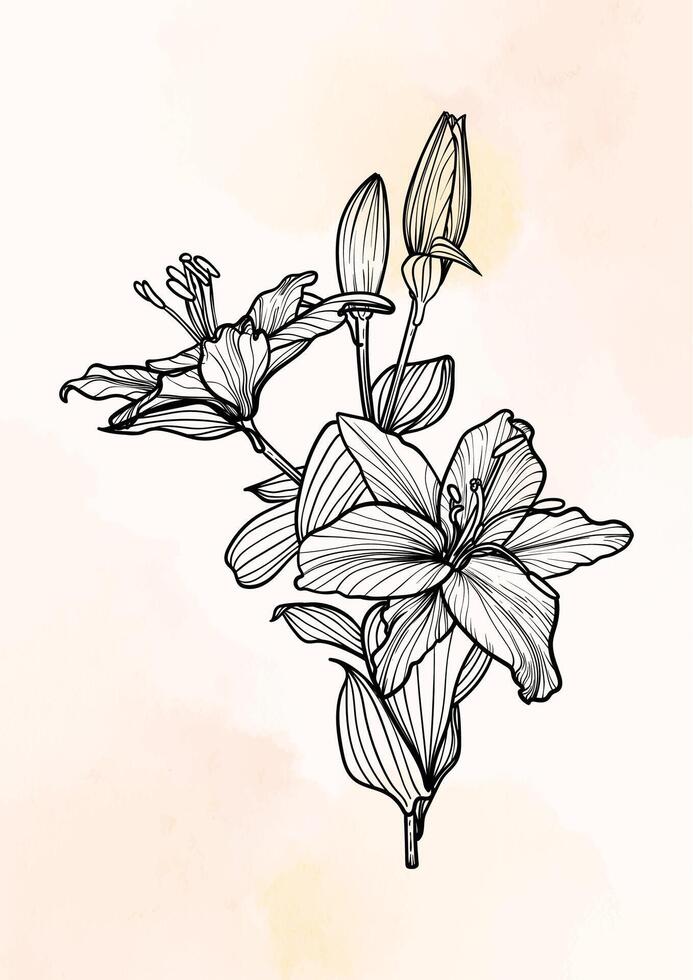 Save the date Tiger Lily line art A4 format. Elegant design in black over beige background with hand drawn tiger lily flowers. design easy to edit ready to be used. vector