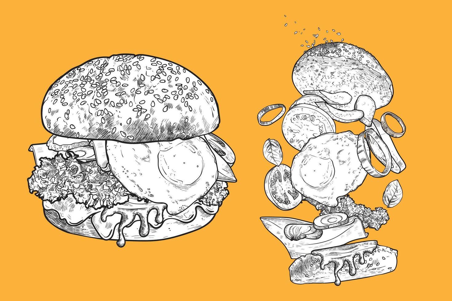 Veggie burger line art hand drawn with black outline and white fill on orange background. Burger with tomatoes, pickles, basil, lettuce, onion, vegan meat, egg. Ingredients are grouped separate vector
