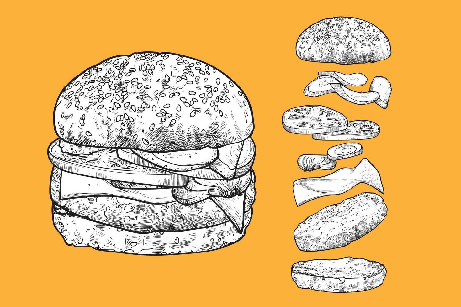 yummy burger line art hand drawn and colored with pickles, tomatoes, cheese, onions, mayo, ketchup, bread bun and meat. Ingredients are grouped separate. vector