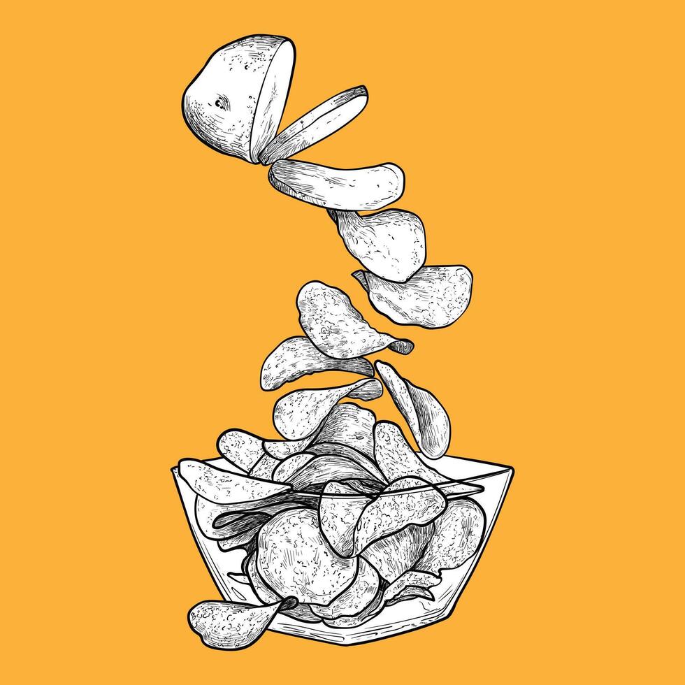Hand drawn side view crisps from potato to bowl. Crunchy chips with black outline, white fill in separate groups on orange background. This asset is ready to use and easy to edit. vector