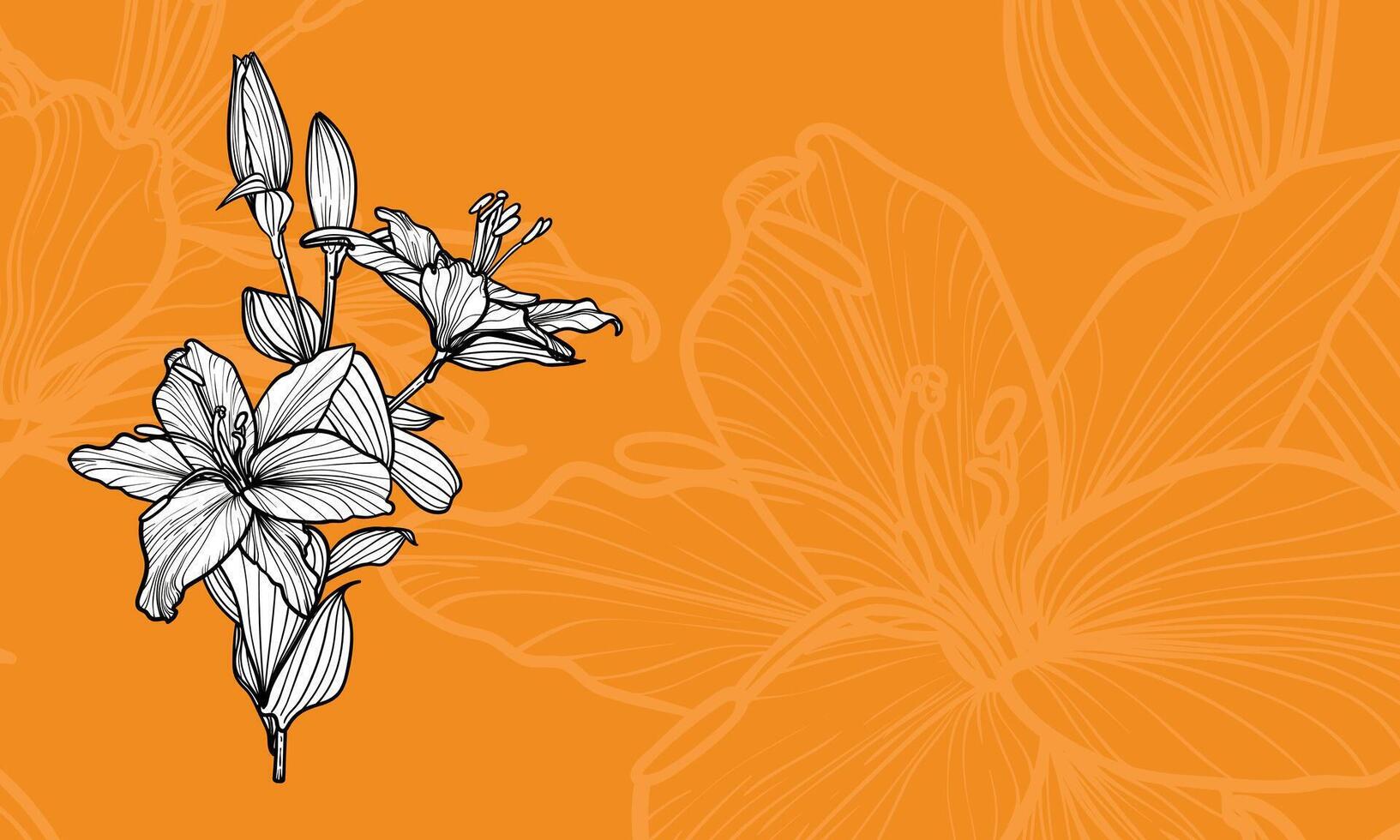 Hand drawn outline of tiger lily flowers with petals and leaves. Elegant black outline of a summer flower on an orange background. Easy to edit and ready to be used vector
