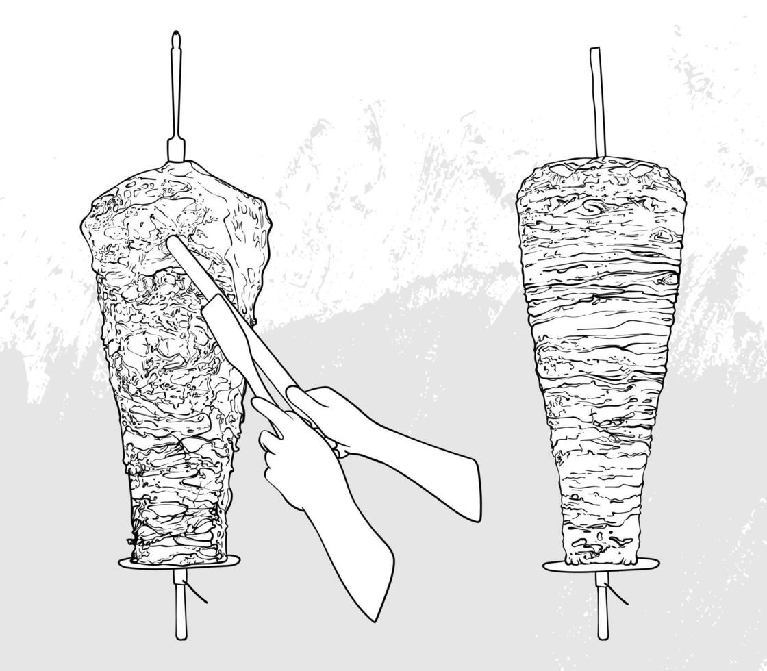 Hand drawn outline meat stands. Crispy meat for kebap, shawarma, sandiches. Outline easy to adapt and use in print and online designs. vector