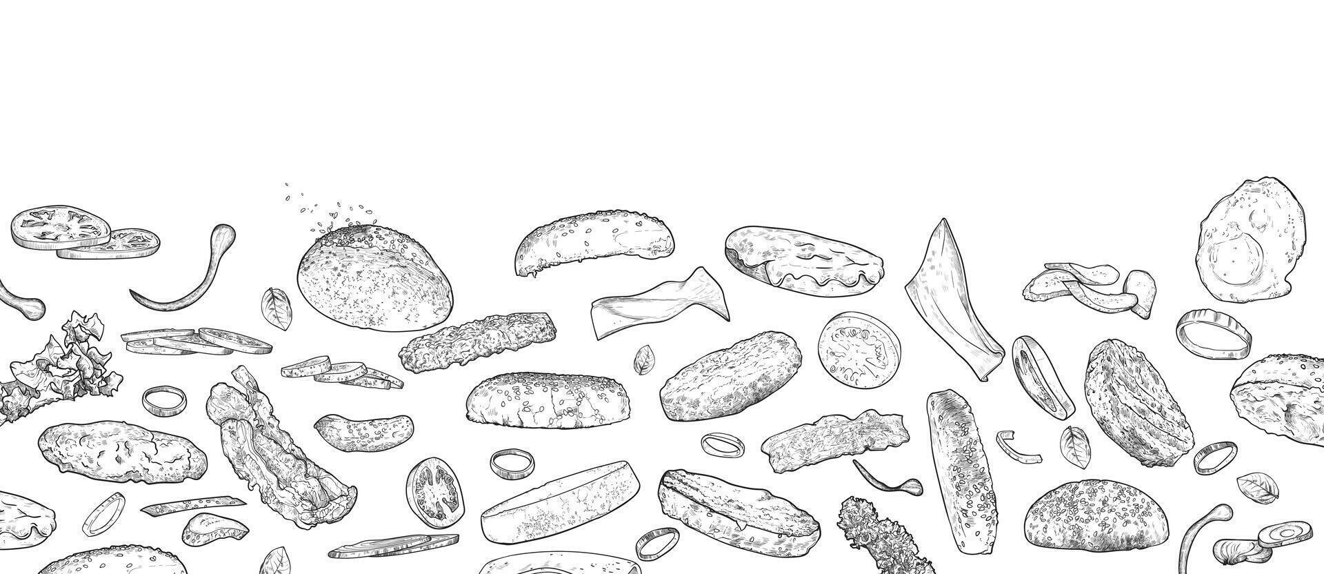 Line art hand drawn burger ingredients for restaurant, pub menu design. vector