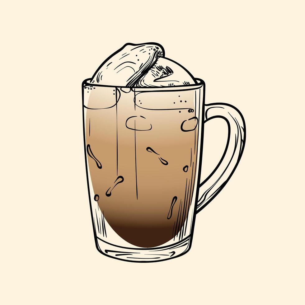 Affogato specialty. Energizing drink with caffeine in a glass with Coffee and Espresso. hand drawn line art of a refreshing drink. Outlined illustration for online and print. vector