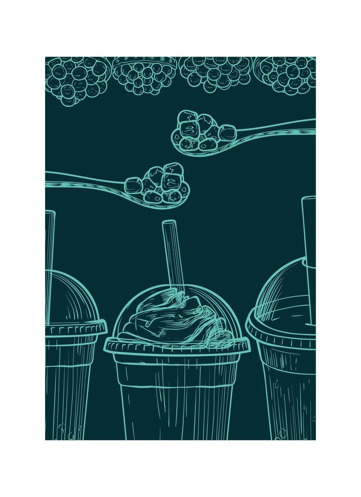 A4 turquoise and green bubble tea design template. Hand drawn boba teas with tapioca pearls and jelly. Bubble teas in glasses and plastic to-go cups. Ready to use, easy to edit graphic resource vector