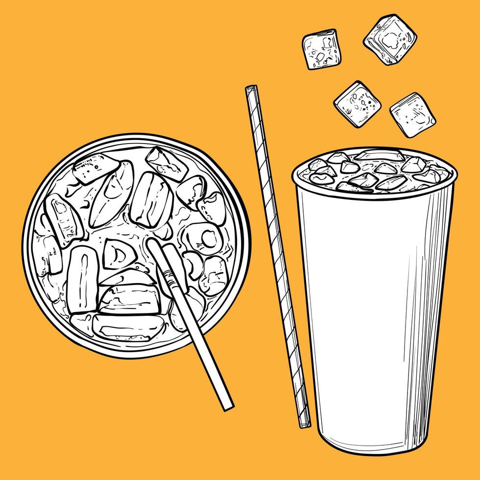 Hand drawn soda. Soft drink paper cup with ice cubes and straw. Top and side views of drinks assets ready to use and easy to edit. Black outline and white fill in separate groups. vector
