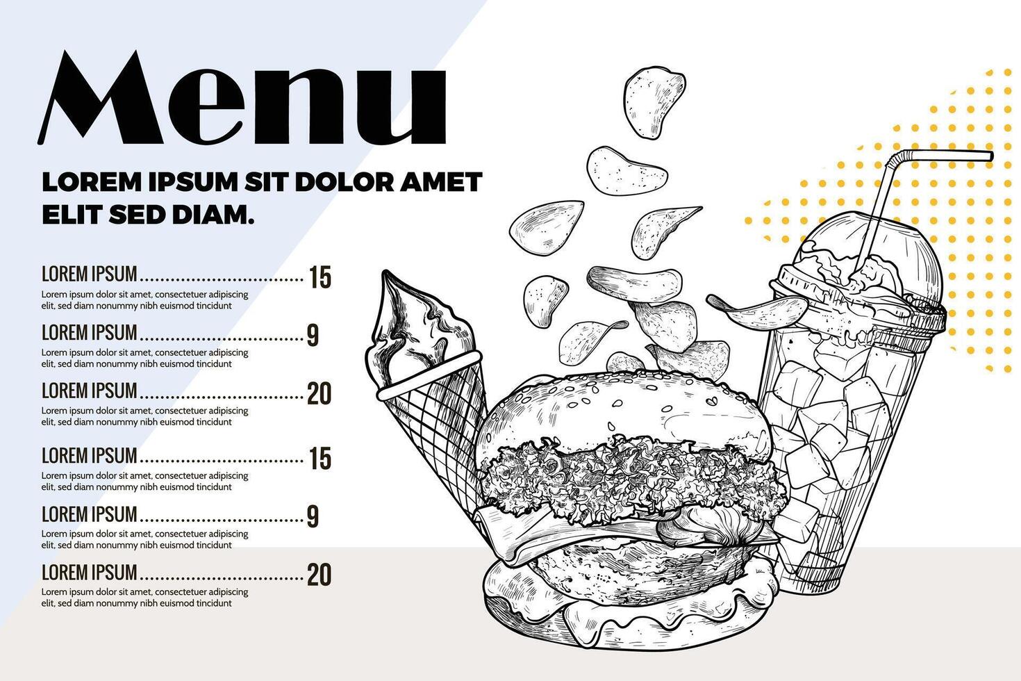 Restaurant, pub, bar, menu design with text on the side and illustration with ice cream, burger, chips and iced coffee. Hand drawn food asset with outline and fill grouped separate. vector