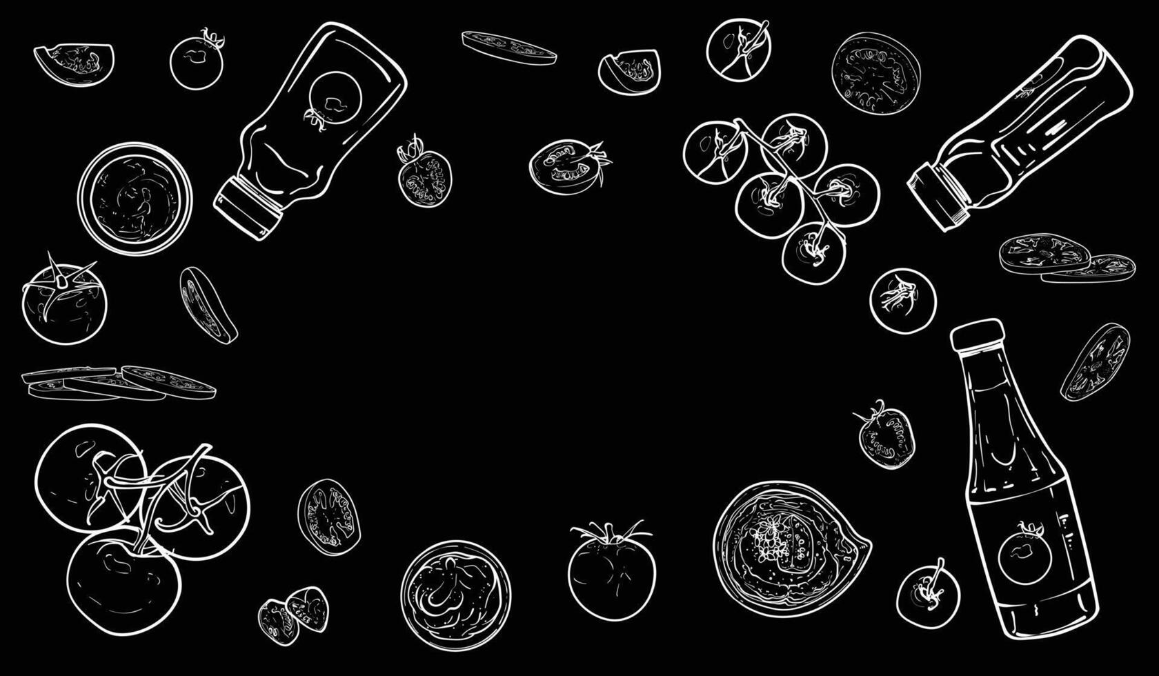Hand drawn outline of tomatoes. Top and side view of these fresh vegetables on black background. Easy to edit and ready to use assets for menu designs, both online and print. vector
