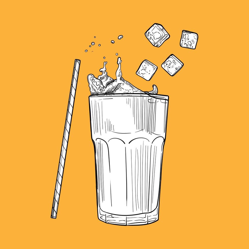 Beverage with a straw and ice cubes. hand drawn glass of milk chocolate. Drinks assets ready to use and easy to edit. Black outline and white fill in separate groups. vector