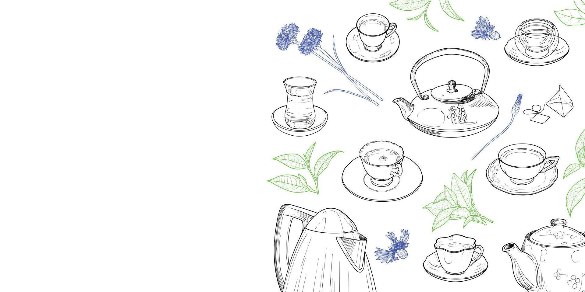 Landscape banner with hand drawn teapots, plants and cups. The illustration is outline only. Teas background with text on the side. Beverages with plants isolated on white background. vector