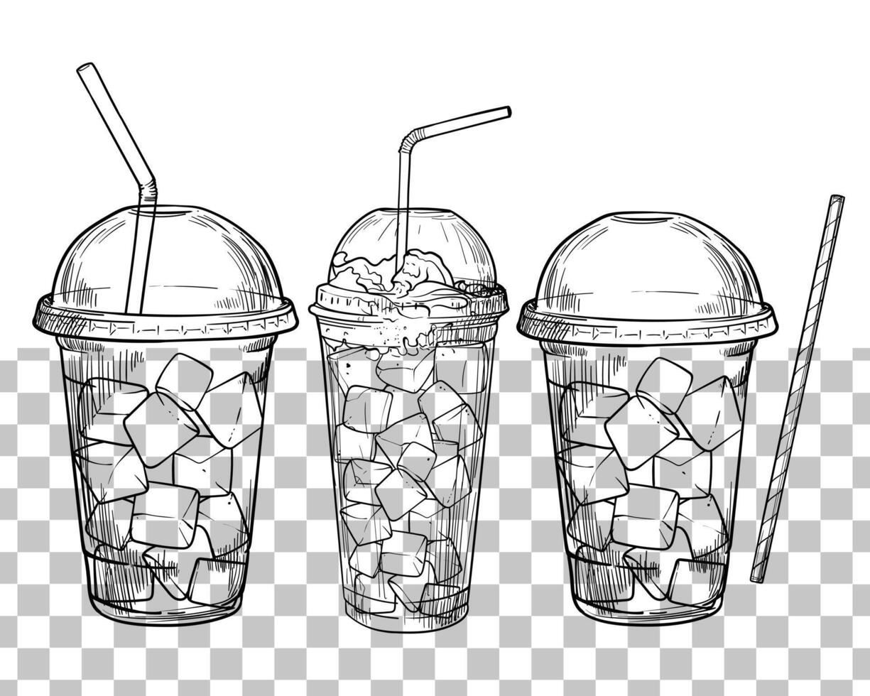 hand drawn beverages with ice cubes in plastic cup with lid and straws. Summer ice teas. Drinks assets ready to use and easy to edit. Black outline, no fill, with fine details. vector