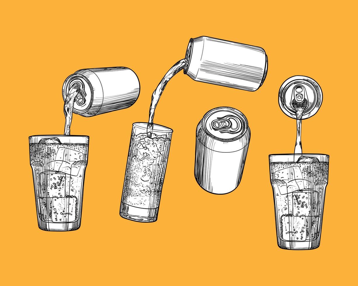 Soda in cans and glasses isolated on orange background. Soft drinks assets. Drinks assets ready to use and easy to edit. Black outline and white fill hand drawn illustrations. vector