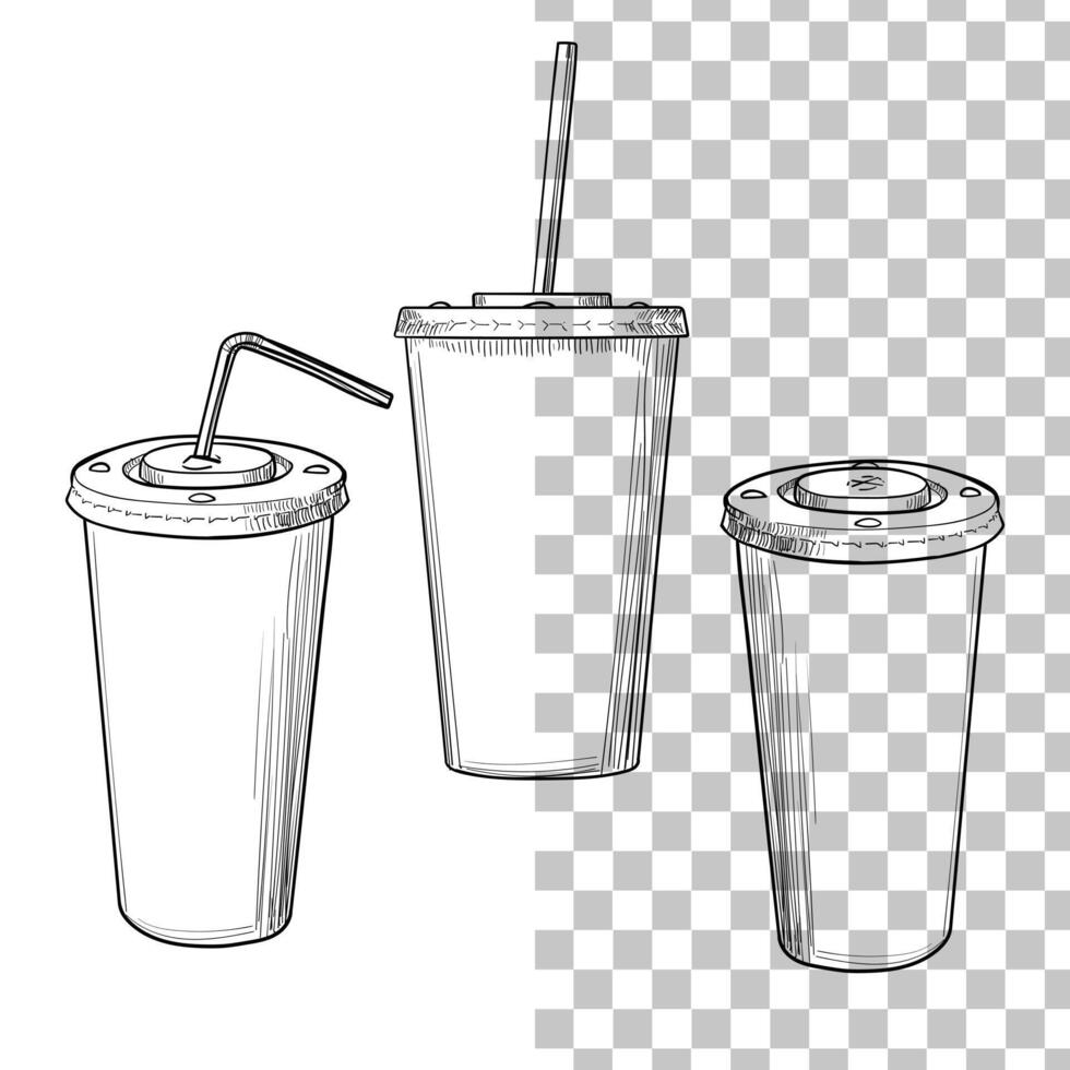 hand drawn tall paper cups with sodas. Cold beverages with straws. Drinks assets ready to use and easy to edit. Black outline, no fill, with fine details. vector