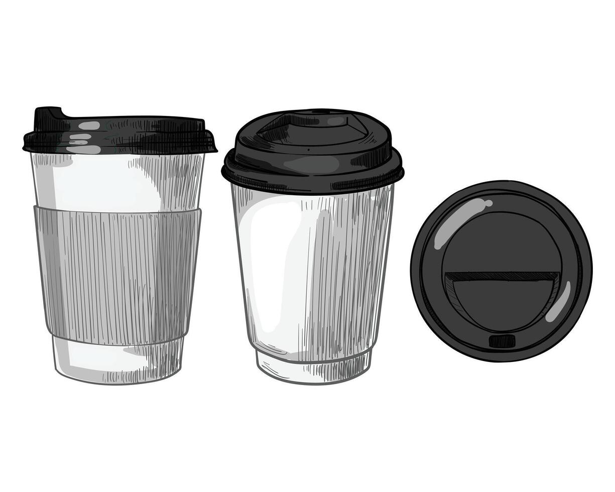 hand drawn paper cup with black plastic lid. Tea, coffee, hot beverages. Drinks assets ready to use and easy to edit. vector