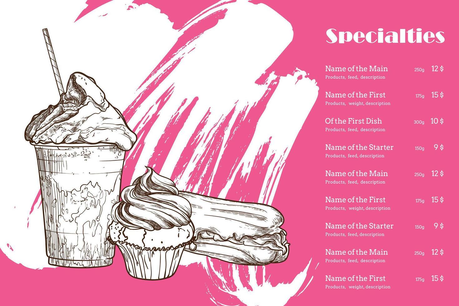 Me time menu graphic design with frappe, muffin and eclair on pink background with white brush texture. hand drawn food assets with outlines and fills grouped separate. vector