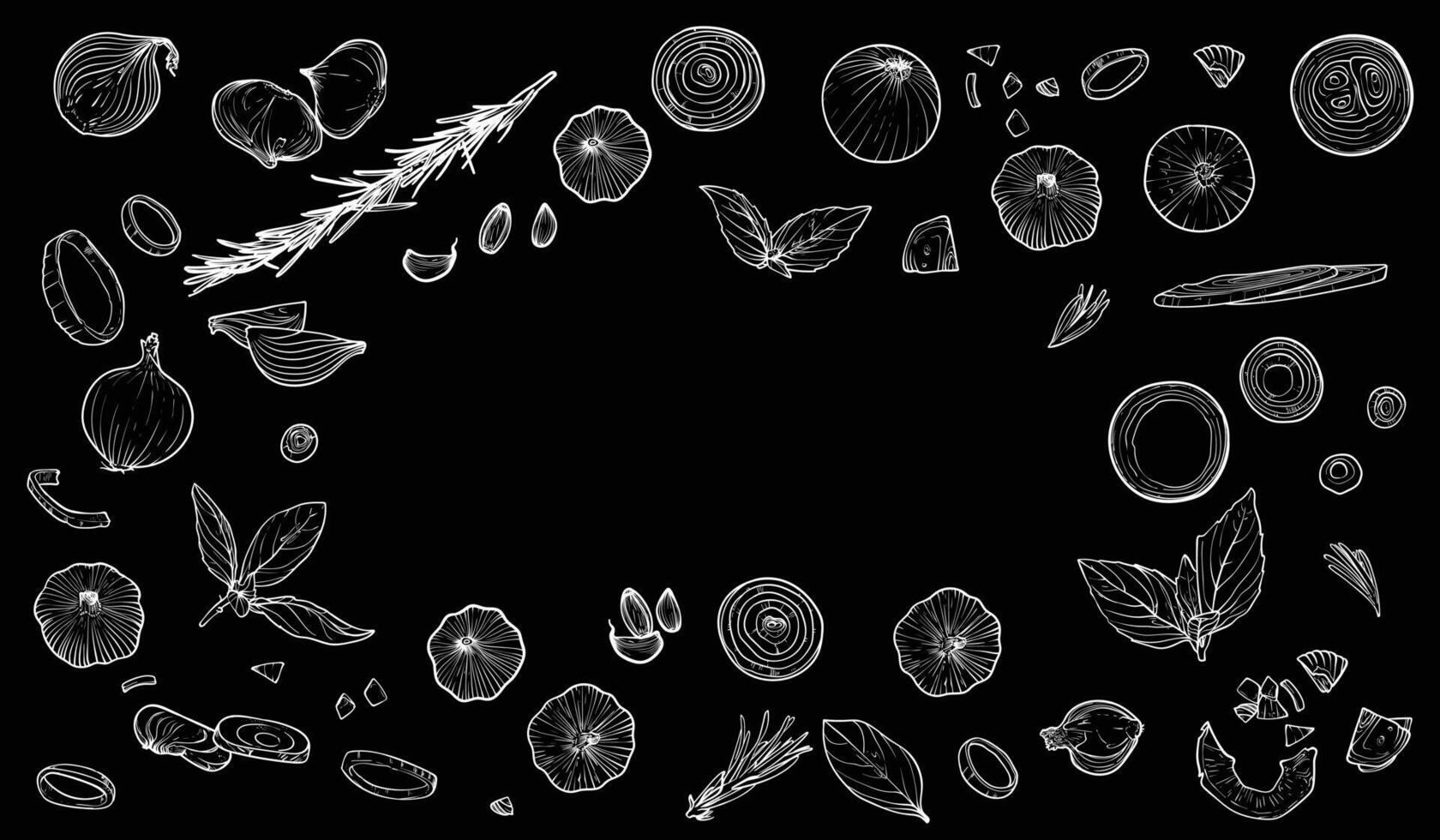 Hand drawn outline of vegetables and condiments such as onion, garlic, basil and rosemary. Top and side view of these condiments are easy to edit and ready to use on black background. vector