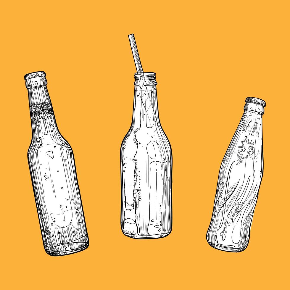 hand drawn cold beverage bottles. Bottle with straw and orange soda. Sparkling soda bottles. Easy to edit, ready to use. Black outline and white fill in separate groups. vector