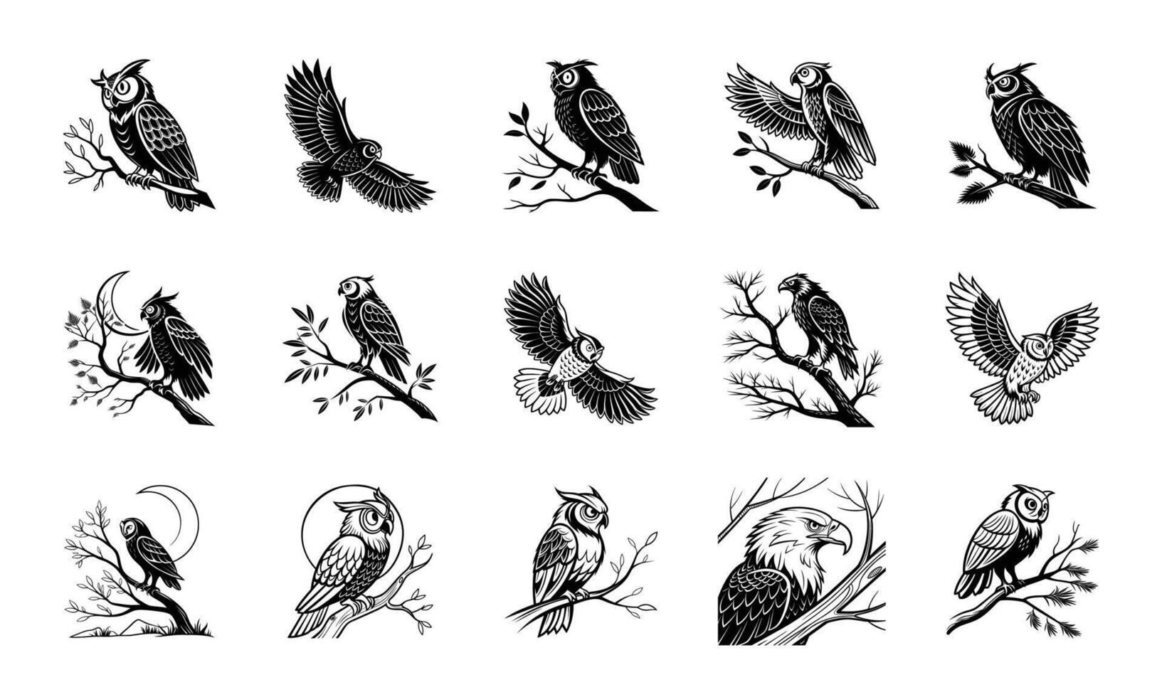 Elegant Owl Silhouette Set Night Bird Illustrations vector