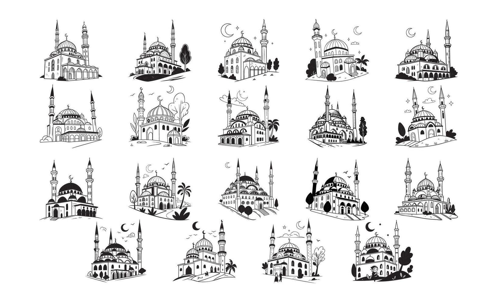 Islamic Mosque Illustrations Black and White Architectural Eid Ramadan Art vector