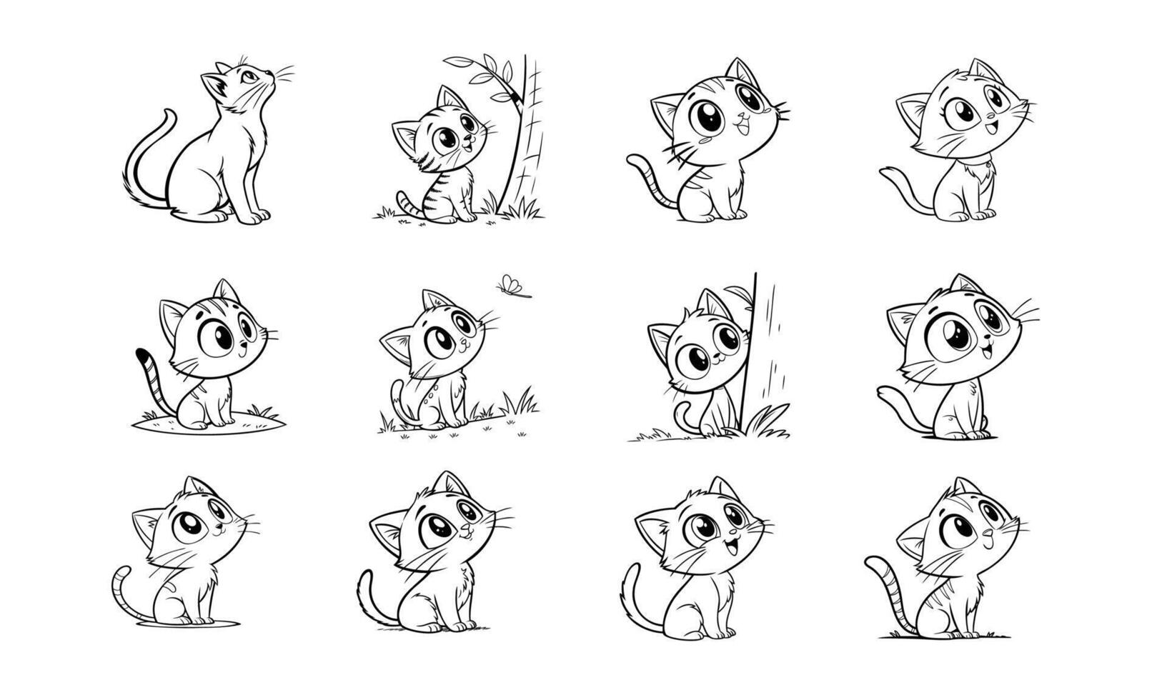 Cute Kitten Illustrations Black and White Cartoon Cat Artwork vector