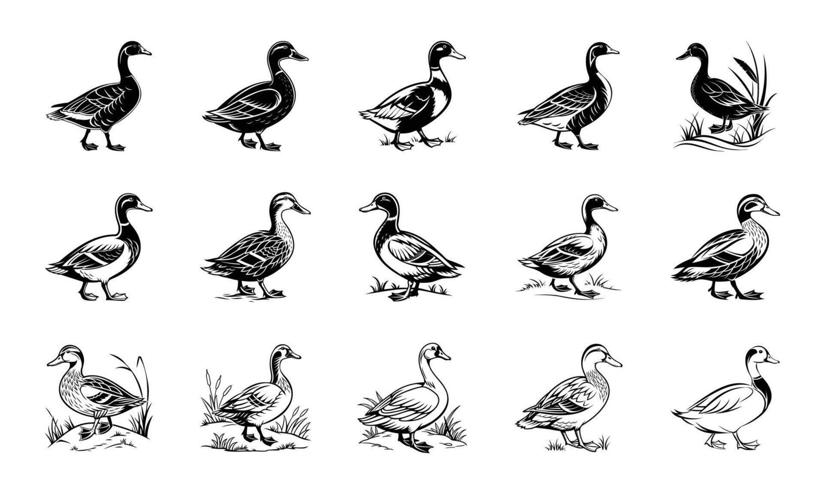 Elegant Duck and Goose Line Art Vectors Nature-Inspired Black White Illustrations