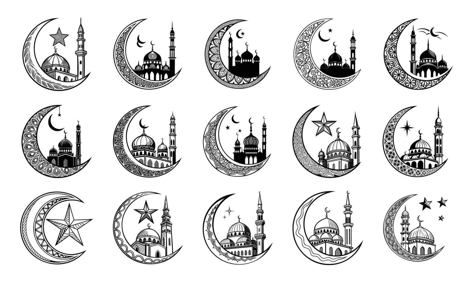 Islamic Crescent Moon Mosque Illustration Black White Art vector