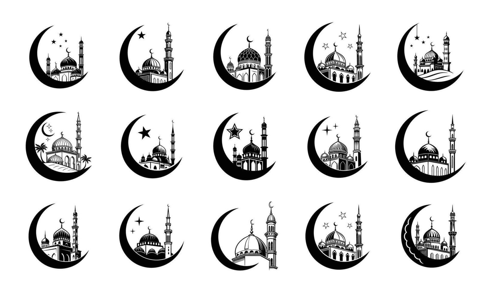 Islamic Crescent Moon Mosque Illustrations Black White Eid Art vector