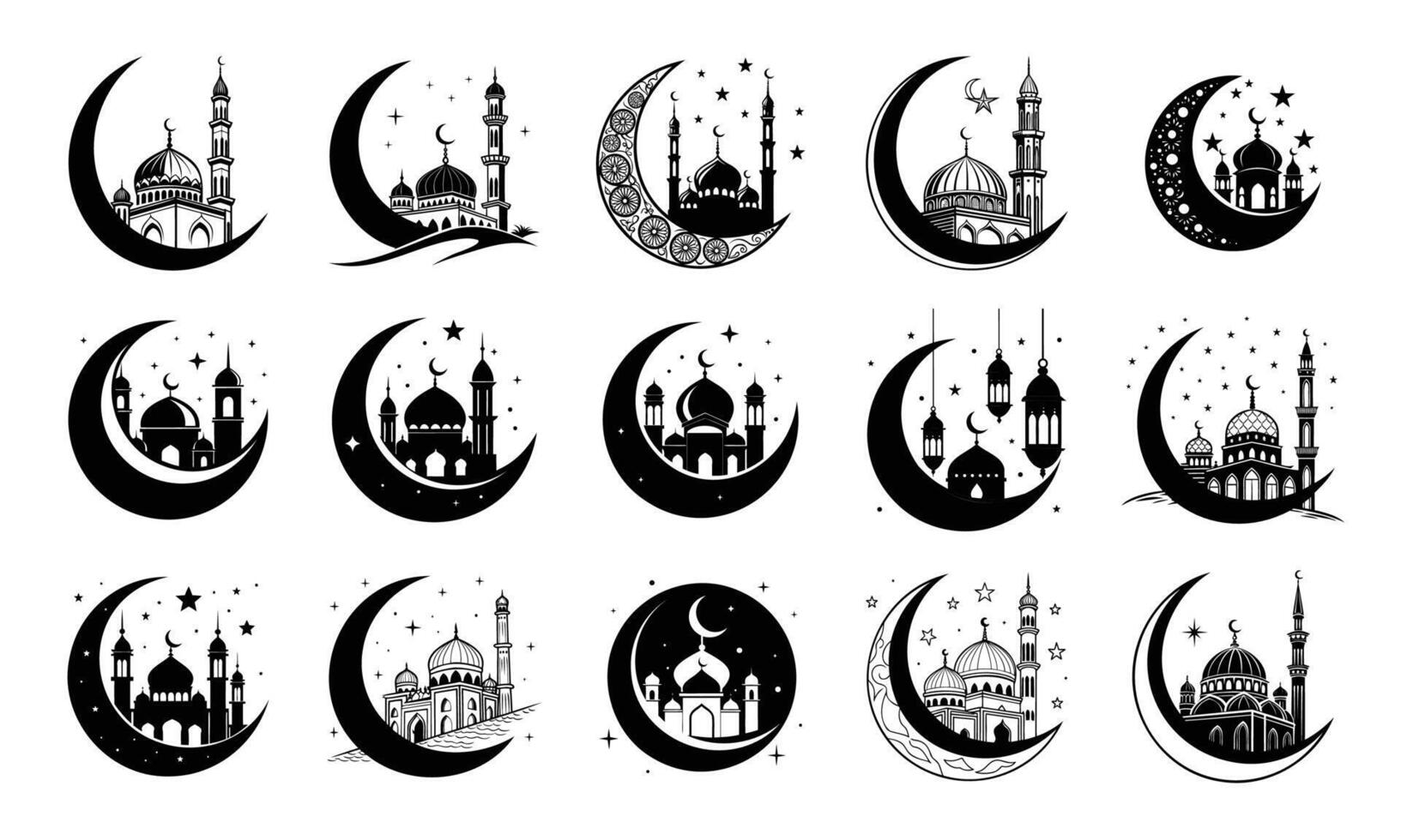 Islamic Crescent Moon Mosque Silhouette Illustrations Black and White Ramadan Eid Art vector