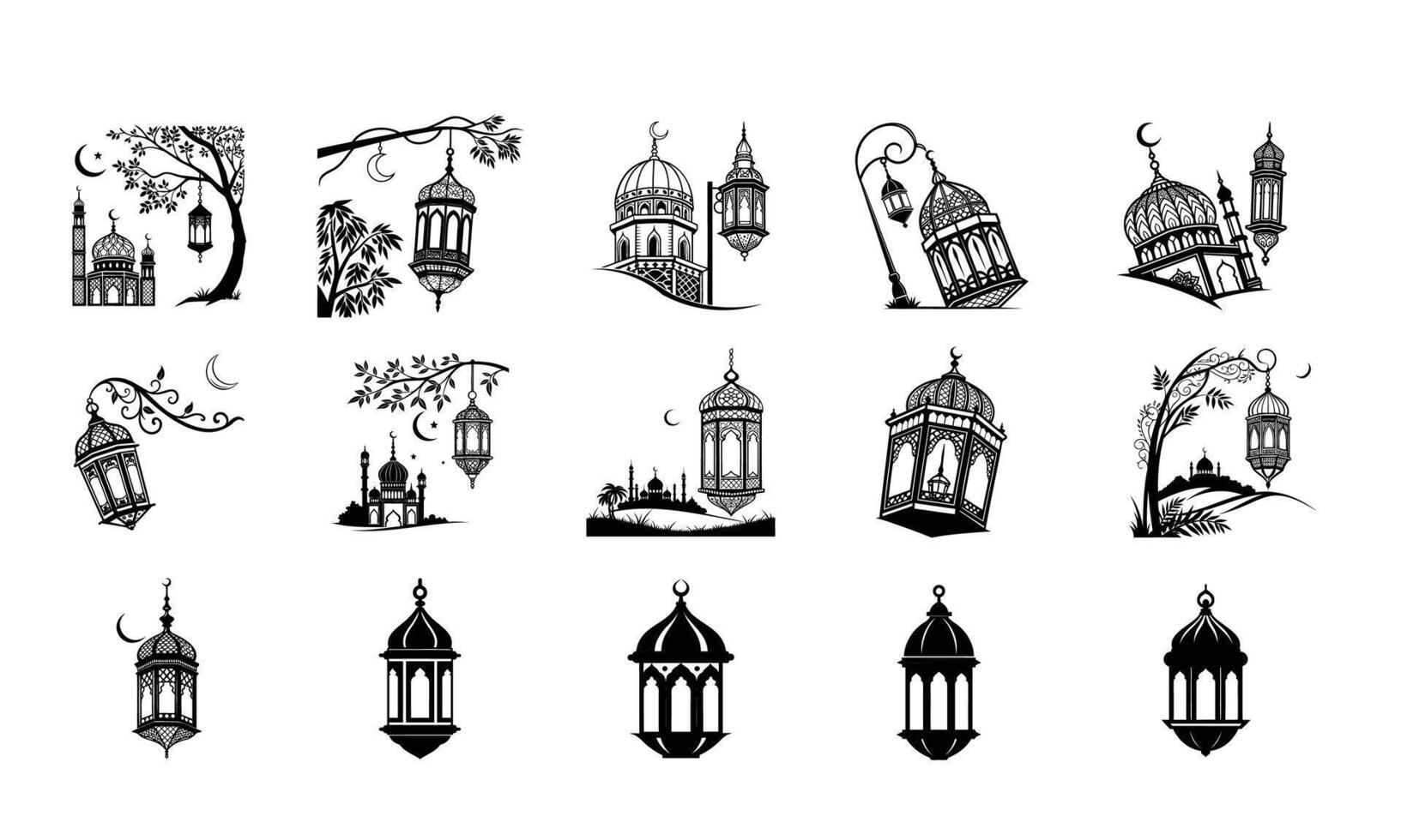 Ramadan Lanterns Mosque Illustrations Black and White Islamic Art vector