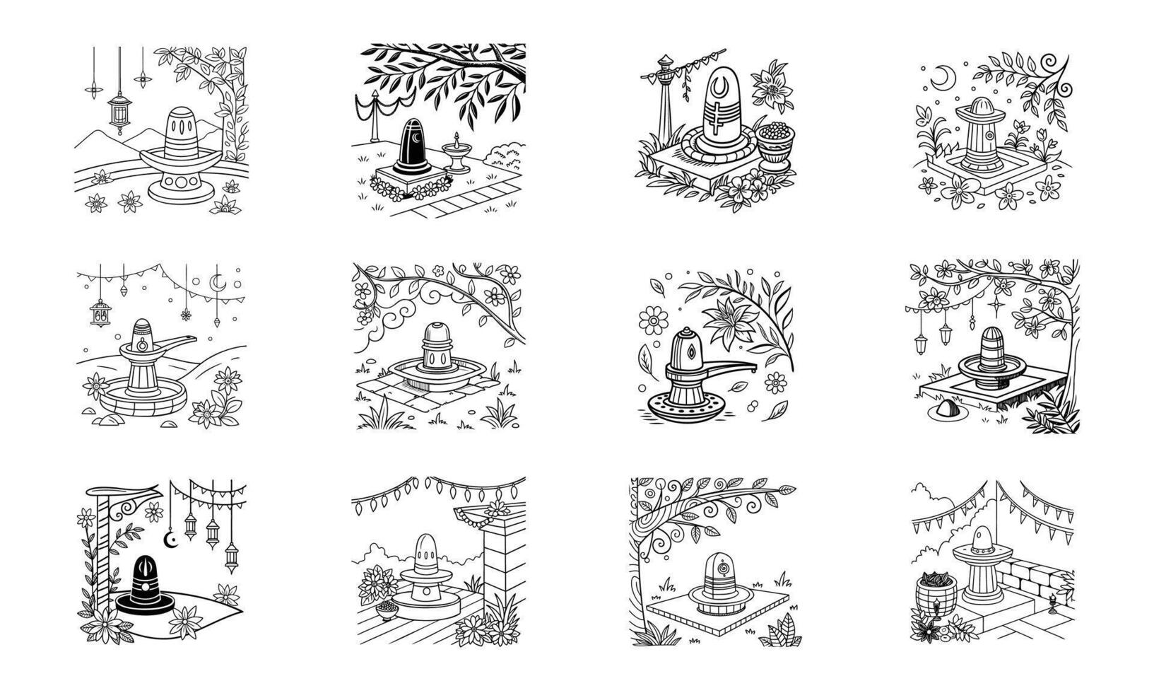 Shiva Lingam Illustrations Black and White Hindu Spiritual Religious Art vector