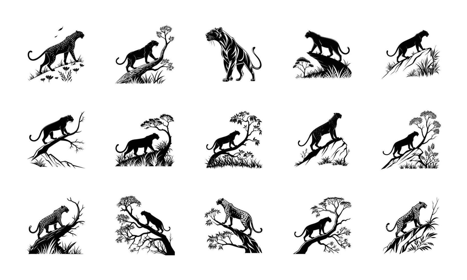 Majestic Panther and Leopard Silhouettes Wildlife Big Cat Illustrations vector
