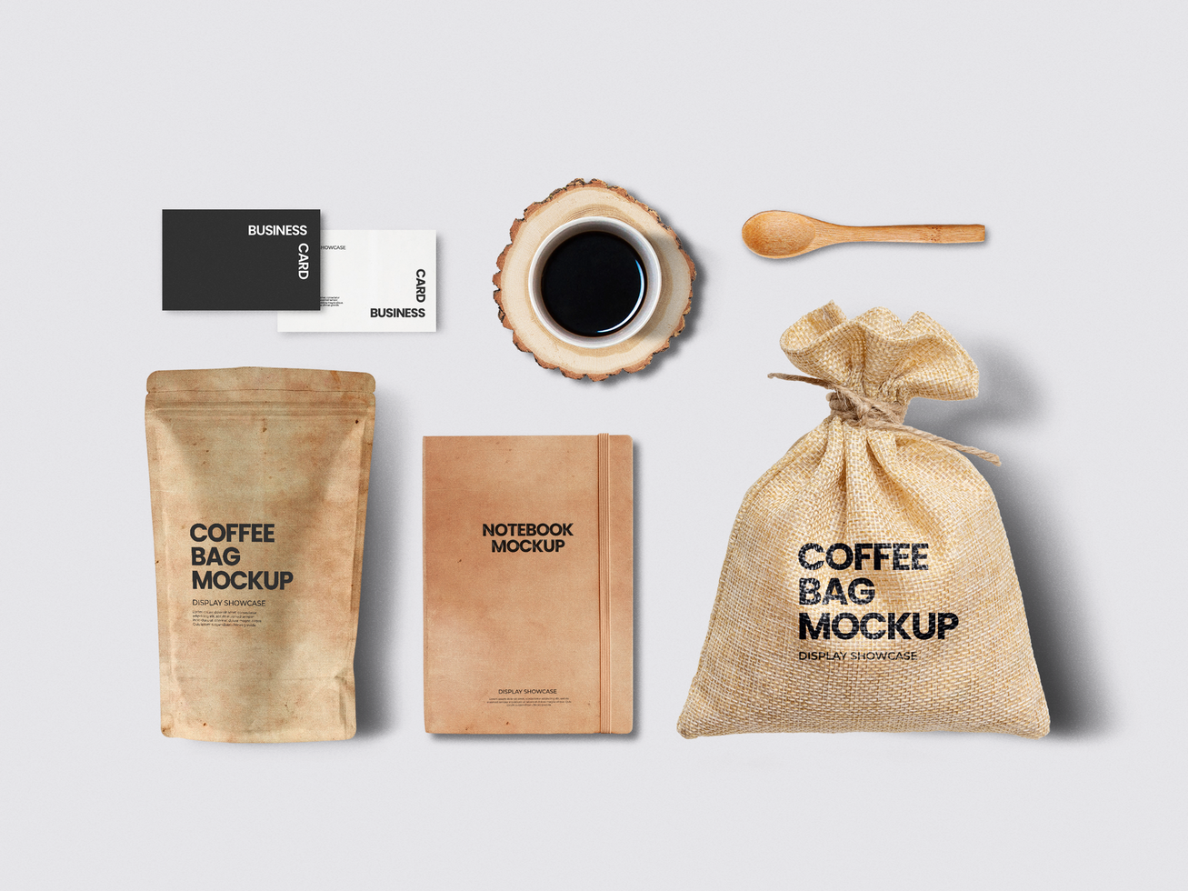 Coffee bag, notebook, spoon, coffee, wood, coffee bag, business card mockup psd