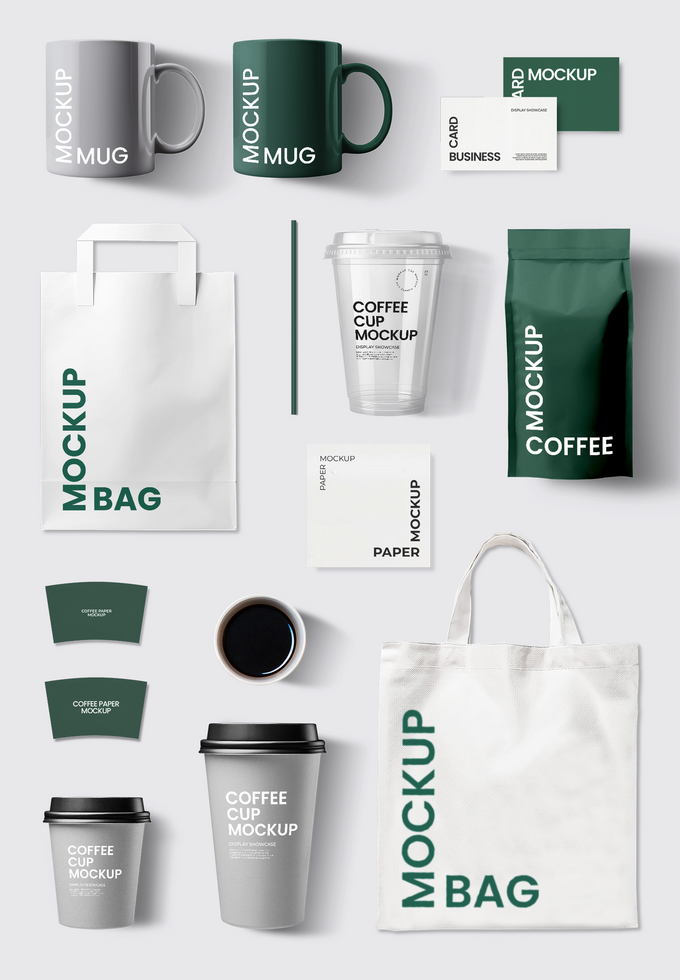 Business card, coffee bag, tote bag, paper, coffee paper, mug, paper bag realistic mockup on plain background psd