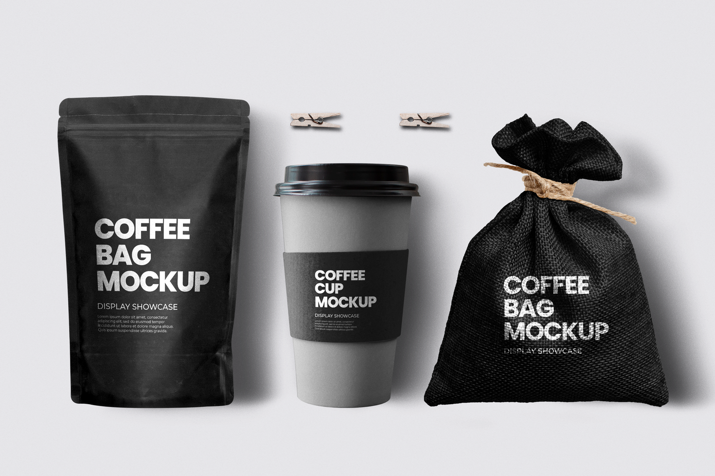 Coffee bag, coffee cup and coffee packaging mockup on white background psd