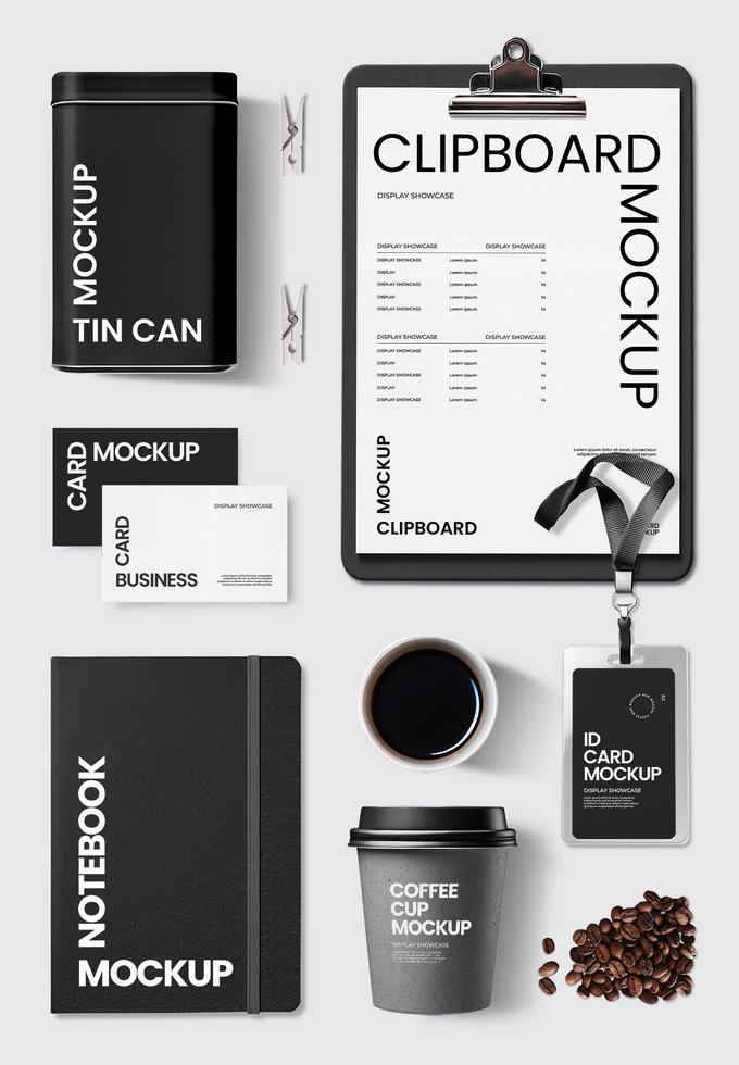 Coffee mockup on white background coffee cup, tin can, clipboard, notebook, business card, coffee card mockup psd