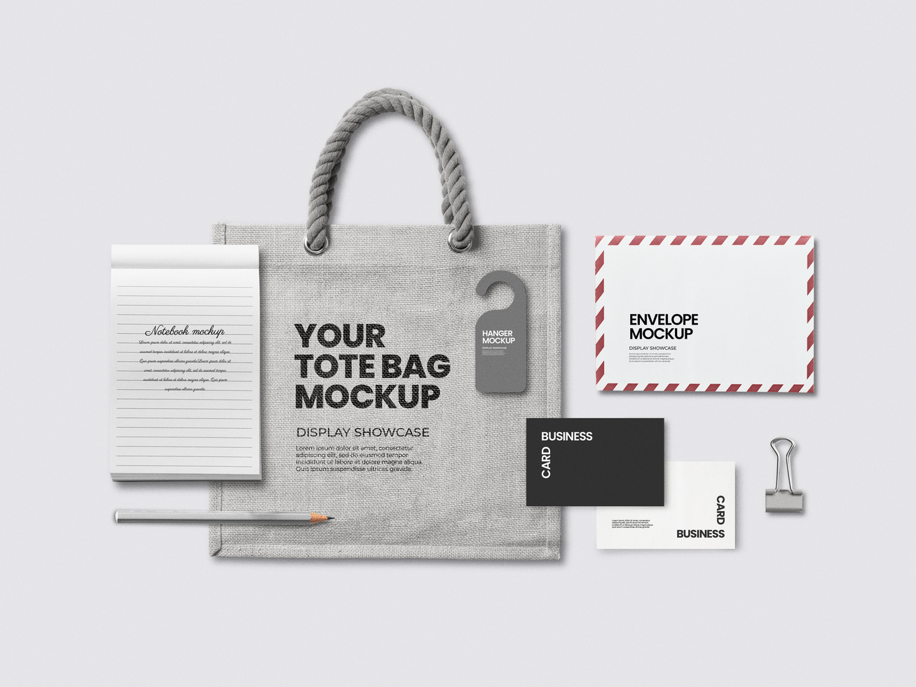 Corporate identity mockup notebook, business card, envelope, clamp, tote bag psd